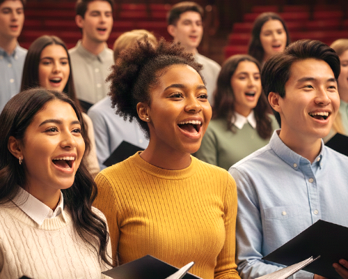 High school choir students rehearsing modern choral music with accessible harmonies.